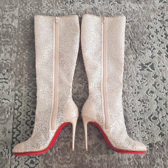 Christian Louboutin Tennissina 100 Nude Sequin Boots 38 - Picture 5 of 10